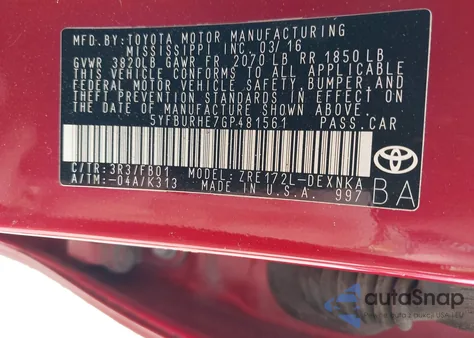 2016 Toyota Corolla L z USA, uszkodzony, nr VIN 5YFBURHE7GP481561